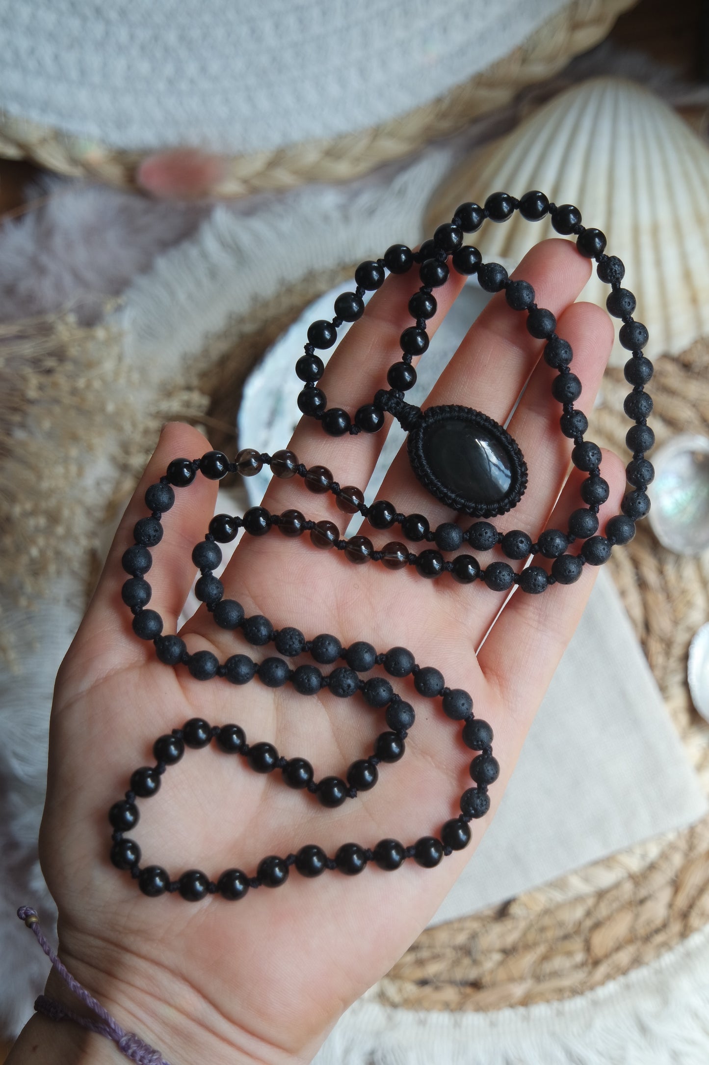 Mala Kette 108 Perlen ~ Turmalin, Obsidian, Onyx & Rauchquarz