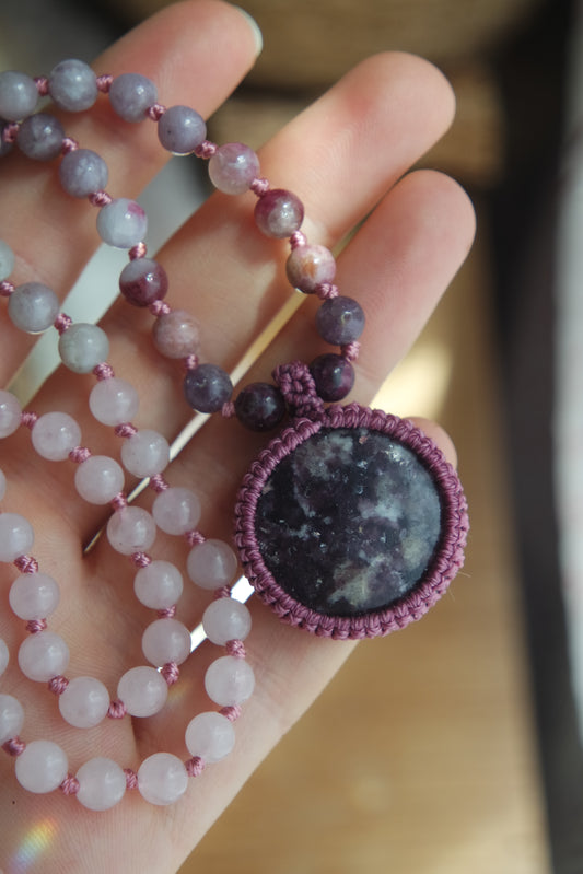 Mala Kette 108 Perlen ~ Rosenquarz, Amethyst, Lepidolith & Pink Turmalin