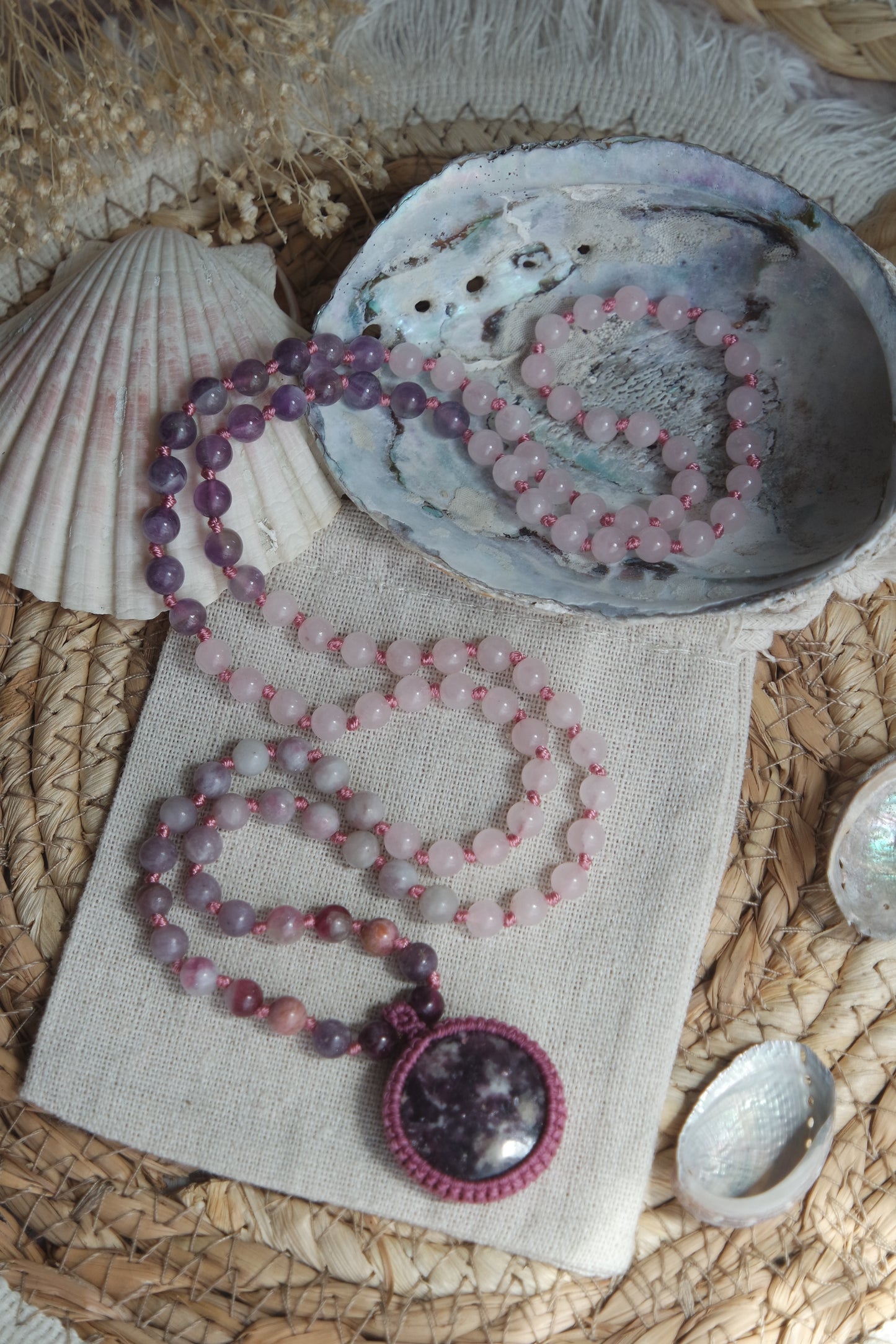 Mala Kette 108 Perlen ~ Rosenquarz, Amethyst, Lepidolith & Pink Turmalin