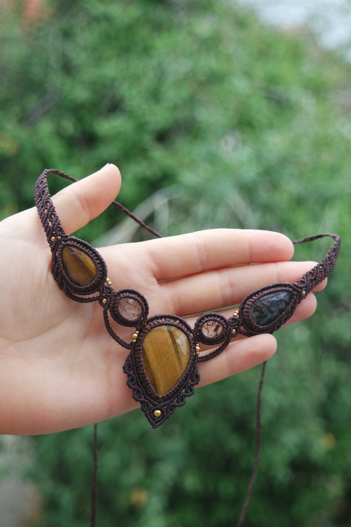 Makramee Kette mit Tigerauge, Moosachat & Quarz ~ Liorah