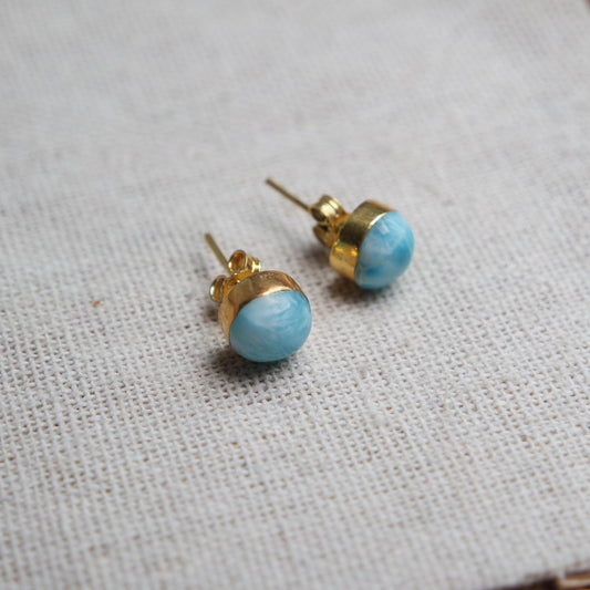 Runde Larimar Ohrstecker GOLD 925 Silber vergoldet ~ OH45