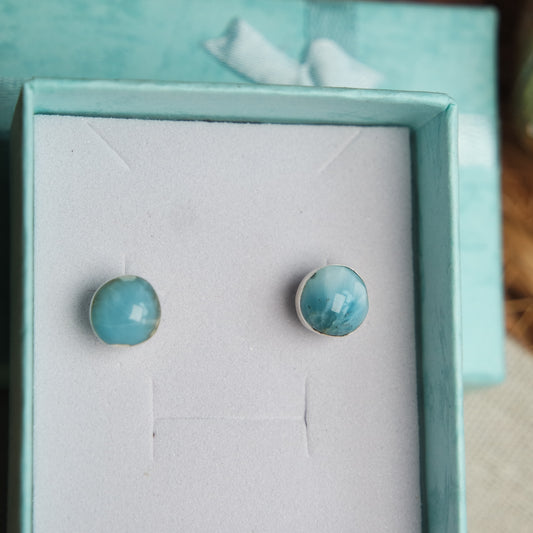 Runde Larimar Ohrstecker 925 Silber ~ Oi45