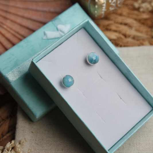 Runde Larimar Ohrstecker 925 Silber ~ Oi45