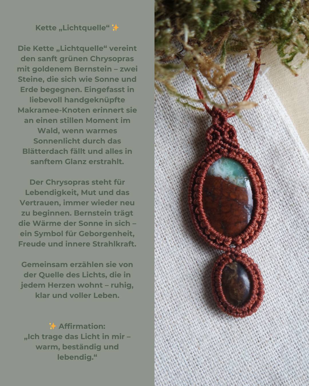 Chrysopras & Bernstein Makramee Kette ~  LICHTQUELLE