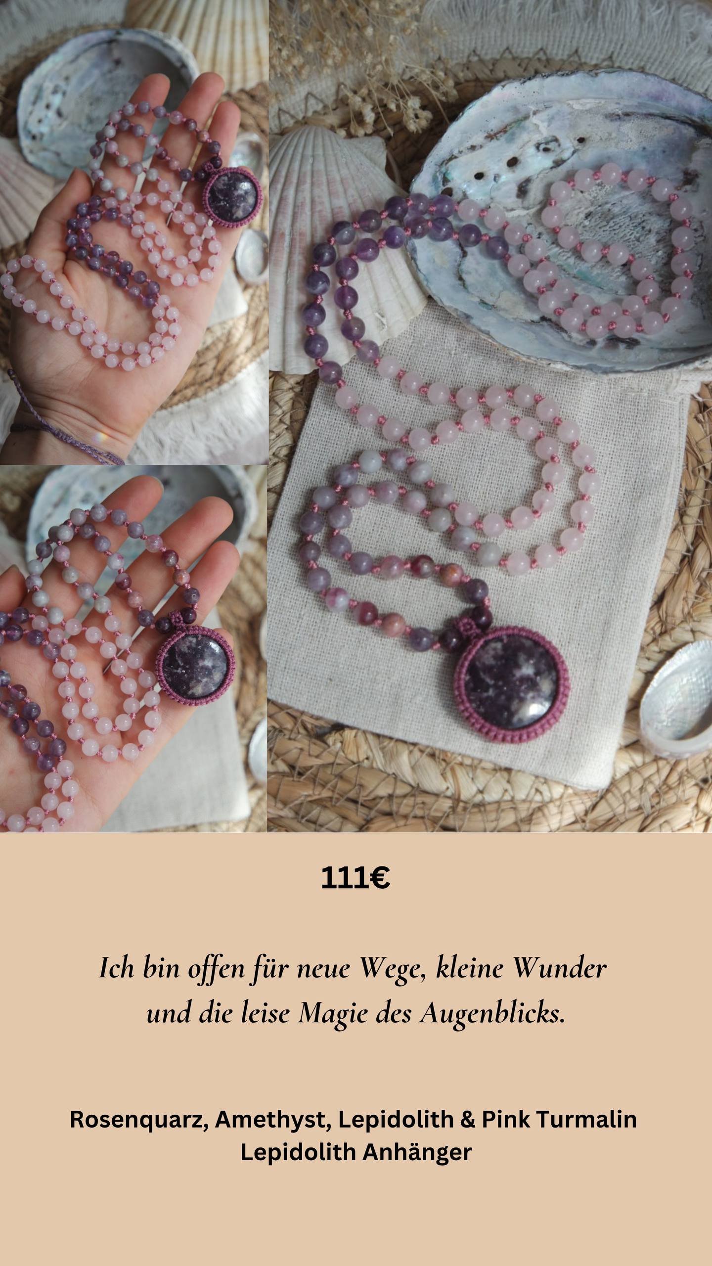 Mala Kette 108 Perlen ~ Rosenquarz, Amethyst, Lepidolith & Pink Turmalin